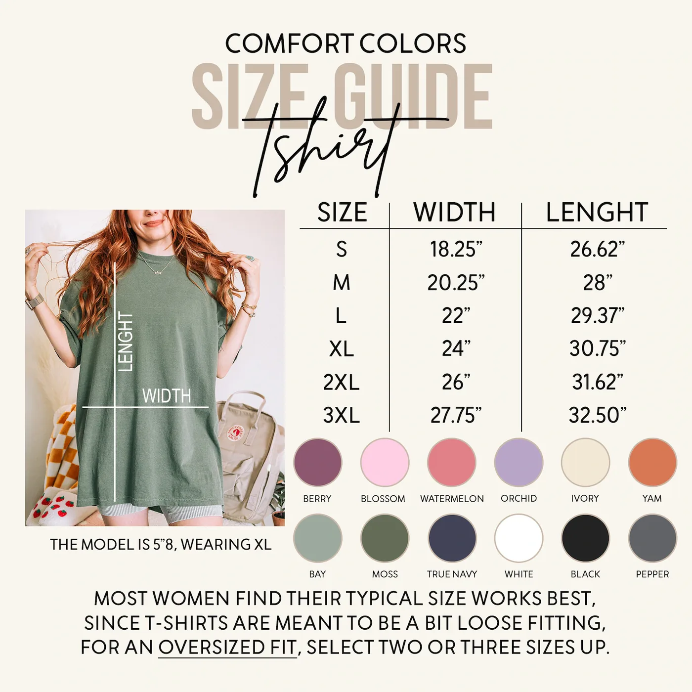 Comfort Colors 1717 size guide with measurements in inches