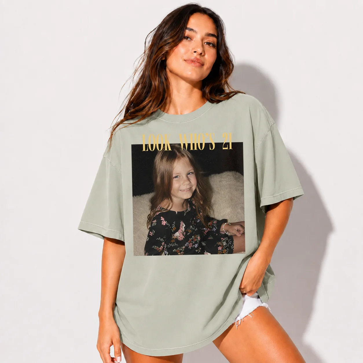 Personalized birthday shirt in Comfort Colors Bay (sage green)