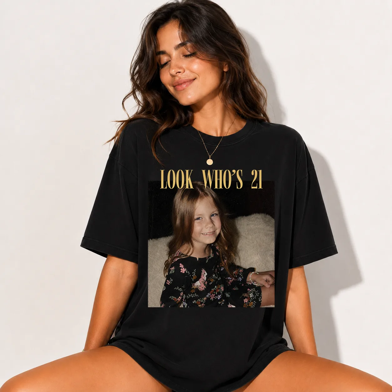Personalized birthday shirt worn by a model in Comfort Colors Black