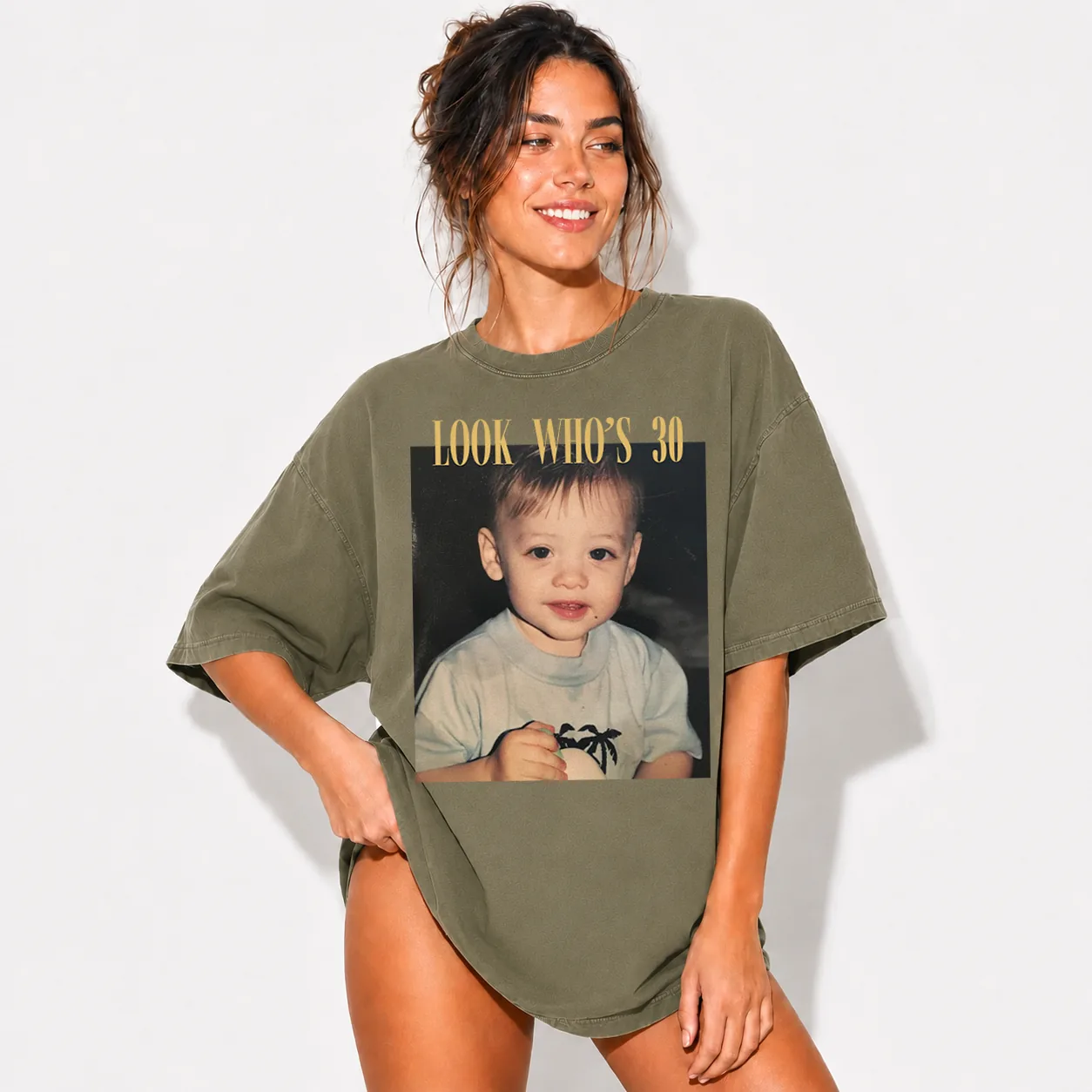 Personalized birthday shirt in Comfort Colors Moss (dark green)