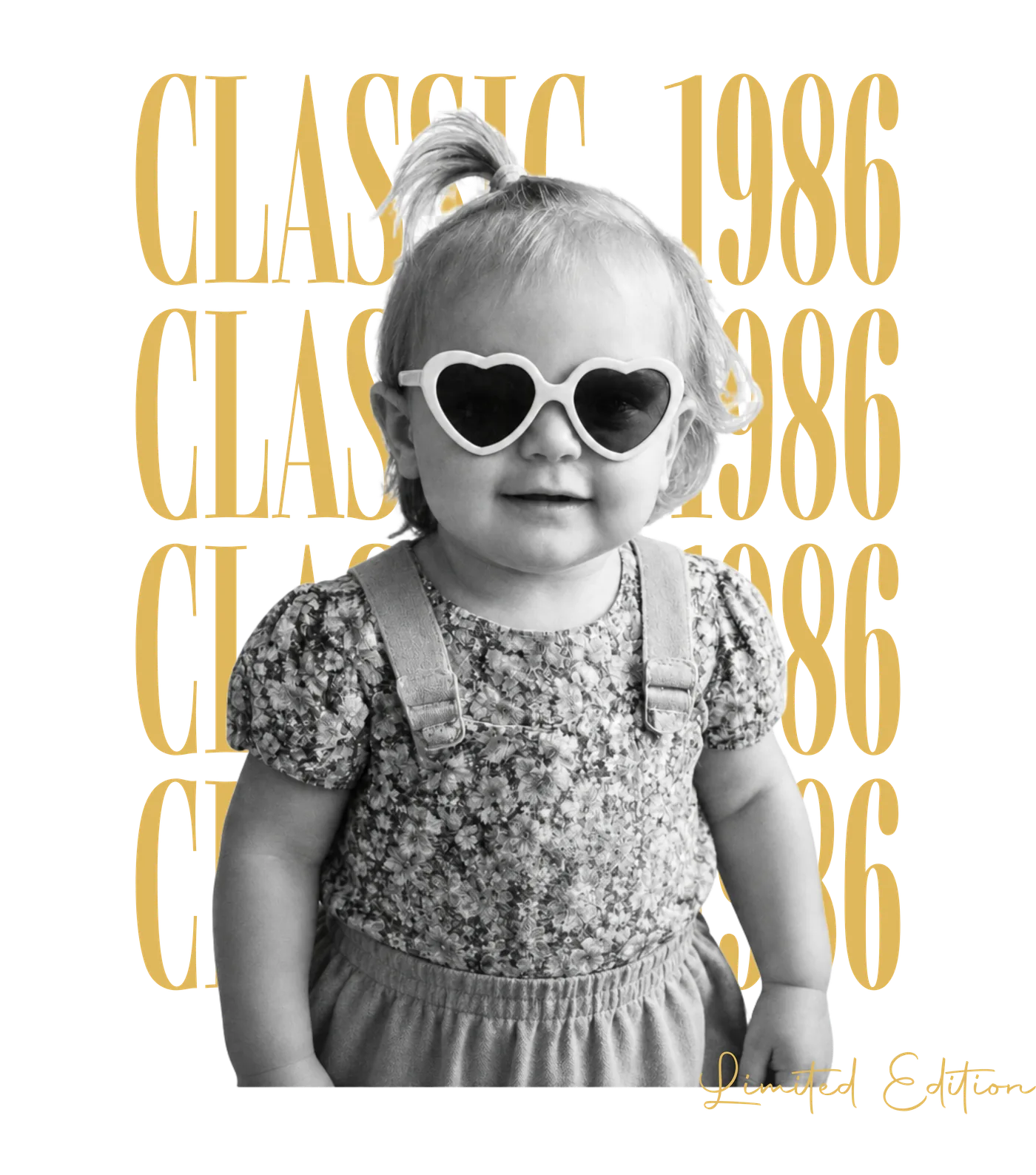 Personalized classic birth year shirt with a vintage B&W photo cutout and editable year
