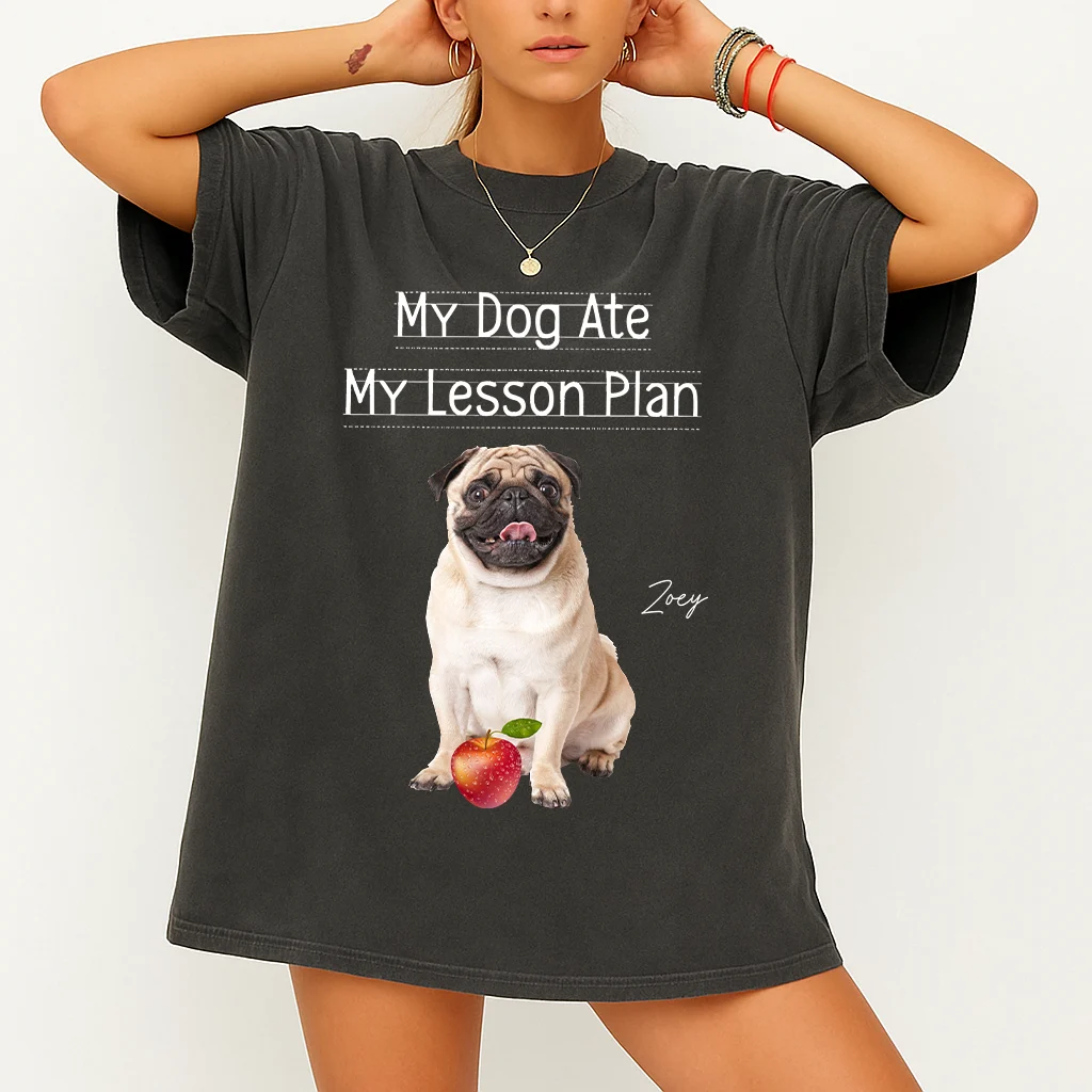 Personalized teacher tee featuring an AI-traced dog photo and the headline My Dog Ate My Lesson Plan
